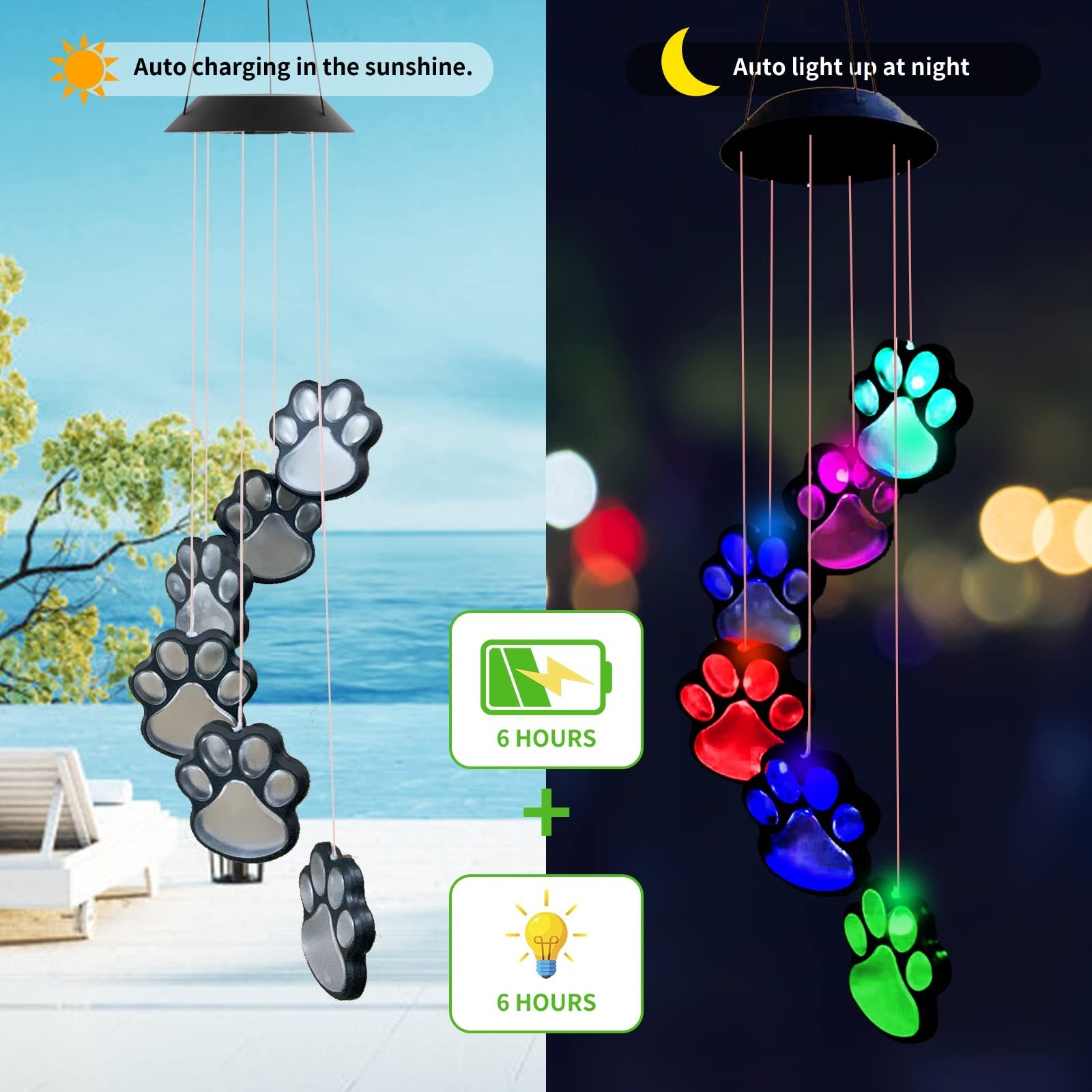 Paw Print Solar Wind Chimes for Outside, Dogs Cat Pet Pawprint Remembrance Wi…