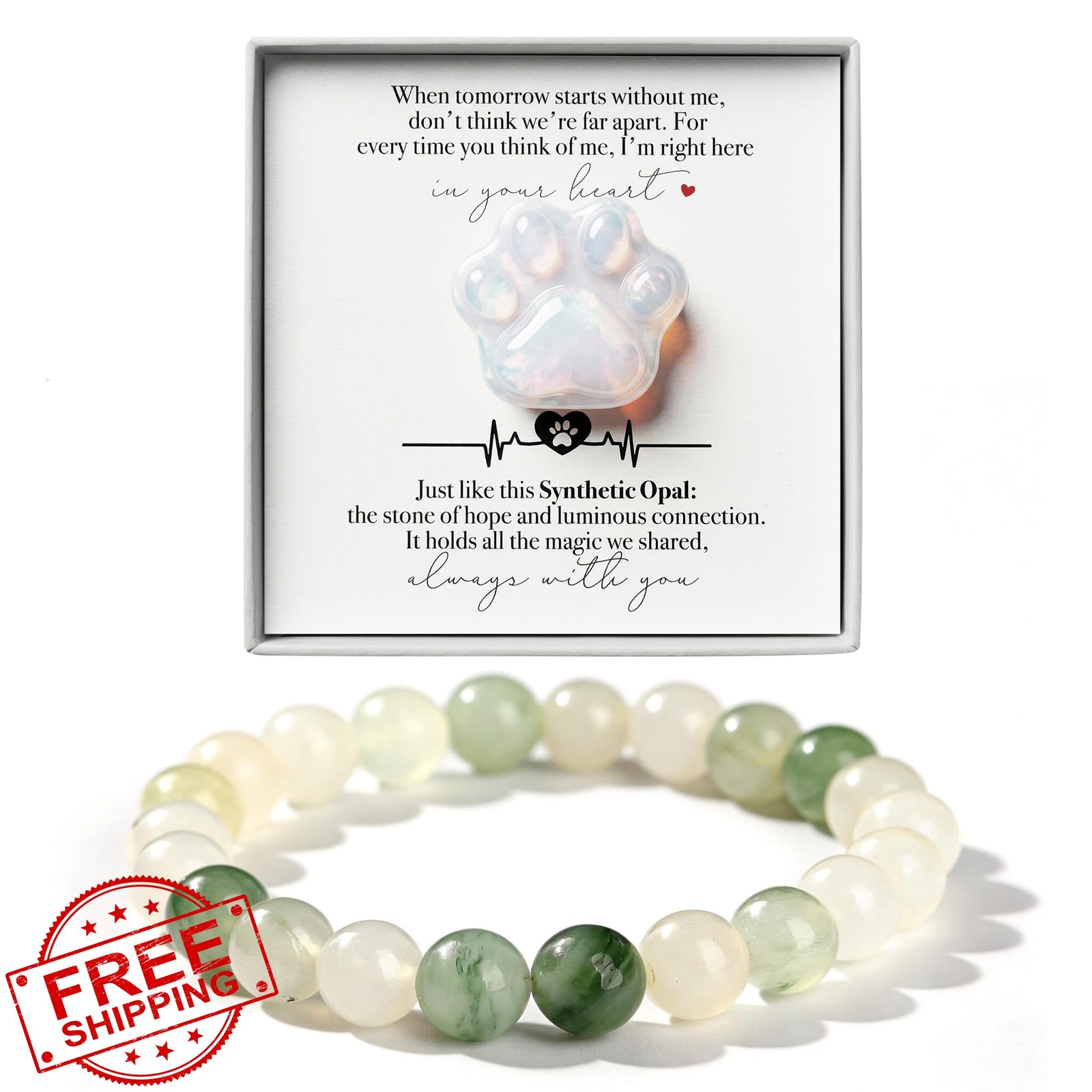 LINGYUAN Opalite Pet Memorial Gift Set Paw Print Stone Bracelet Card