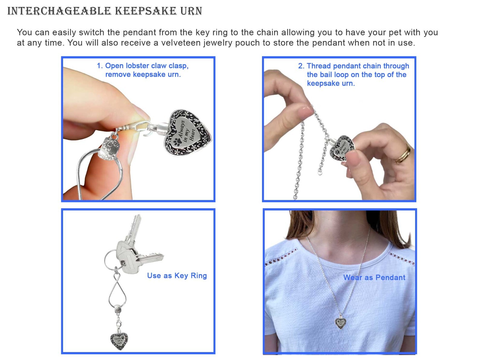 Always In My Heart Pet Keepsake Urn Interchangeable Necklace or Key Ring
