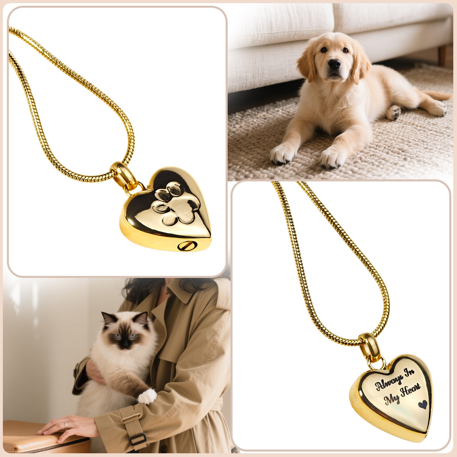 Gold Paw Print Heart Pet Ashes with paw prints Memorial Necklace For Dog & Cat