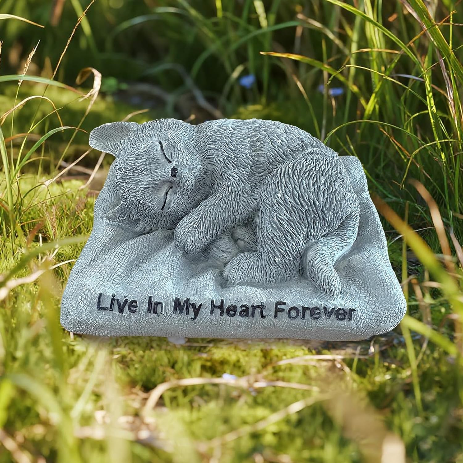 Cat Memorial Stone – Resin Sleeping Cat Statue for Garden & Grave Marker