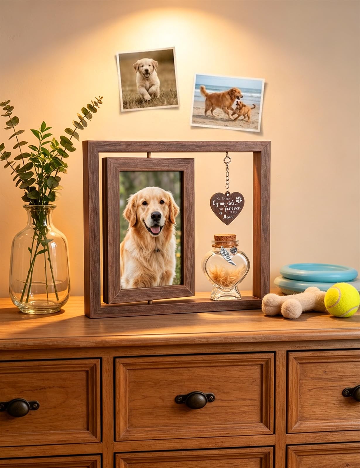 Bomis Dog Memorial Gift Rotating Wooden Frame For 4X6 Fur Keepsake Jar Present
