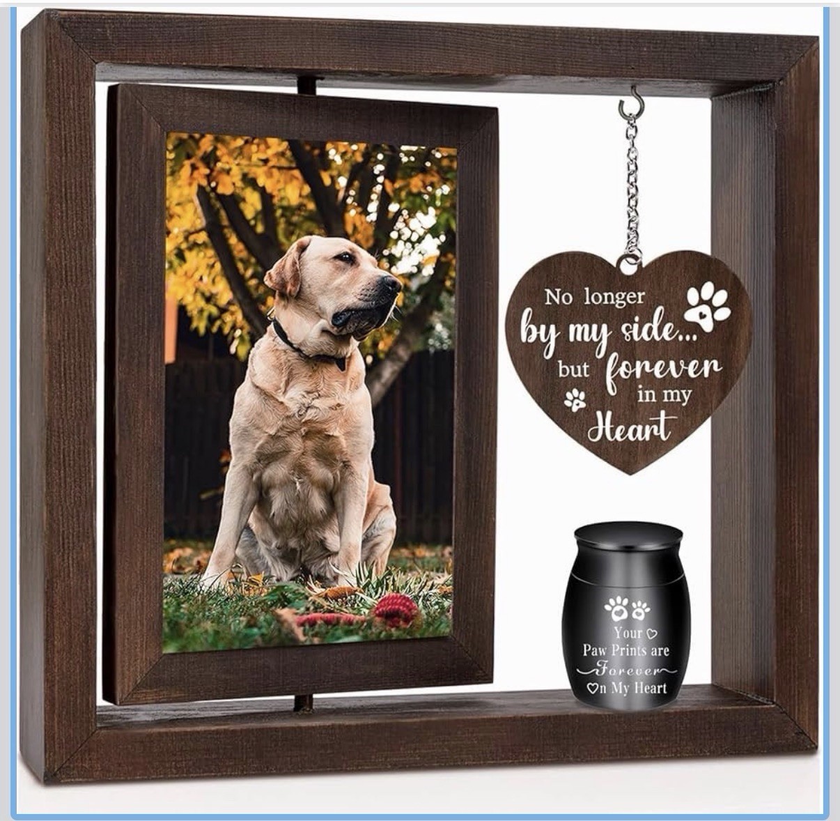 Dog Memorial Wooden Photo Frame Urn with Heart Plaque and Paw Prints Remembrance