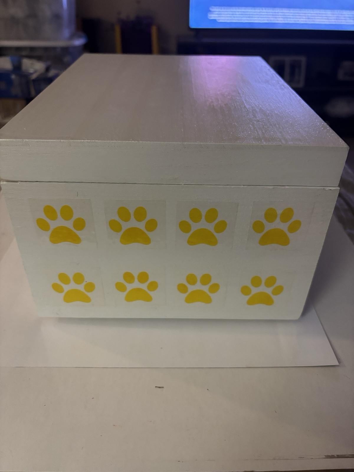 Pet Cremation Box-Yellow Paws On Green And White-Free Mini Urn With Every Box