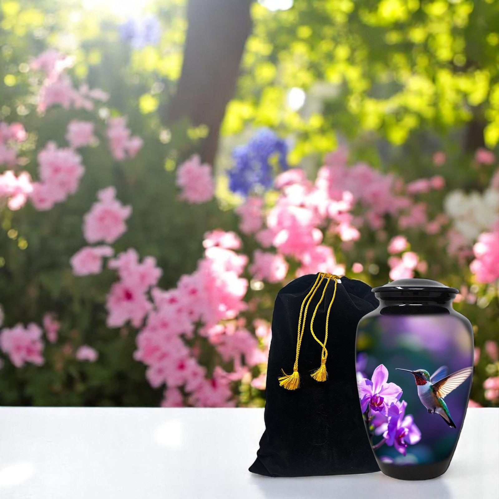 Cremation Urn for Human Ashes 190 Cu In Adult Hummingbird Purple Floral Black