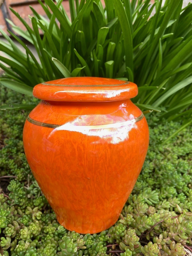 Handmade Ceramic Cremation Urn in Yellow w/MOP, small size for pet ashes 50 ci