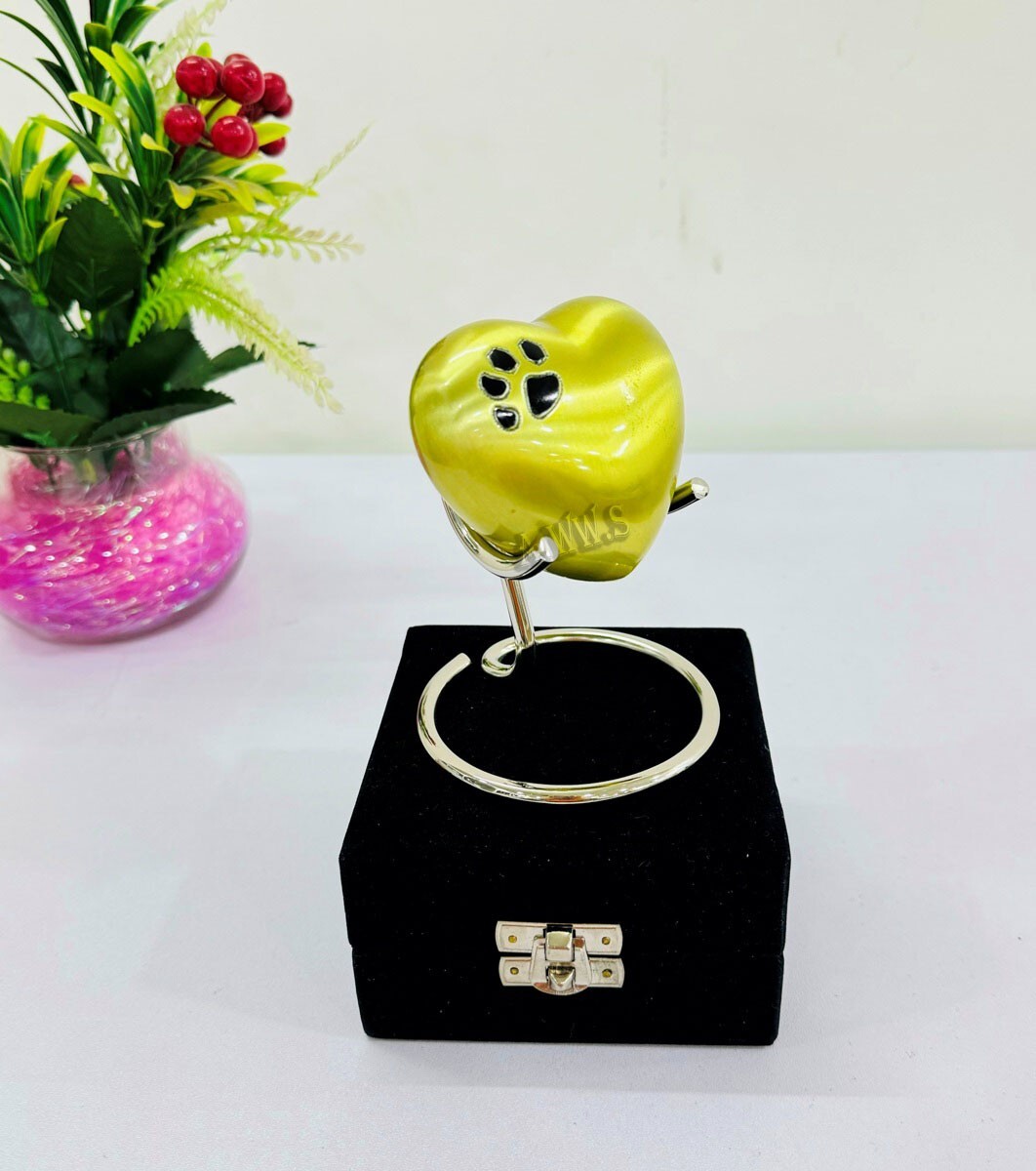 Yellow Cremation Heart Premium Urn With Black Pet Foot Print Design for Ashes