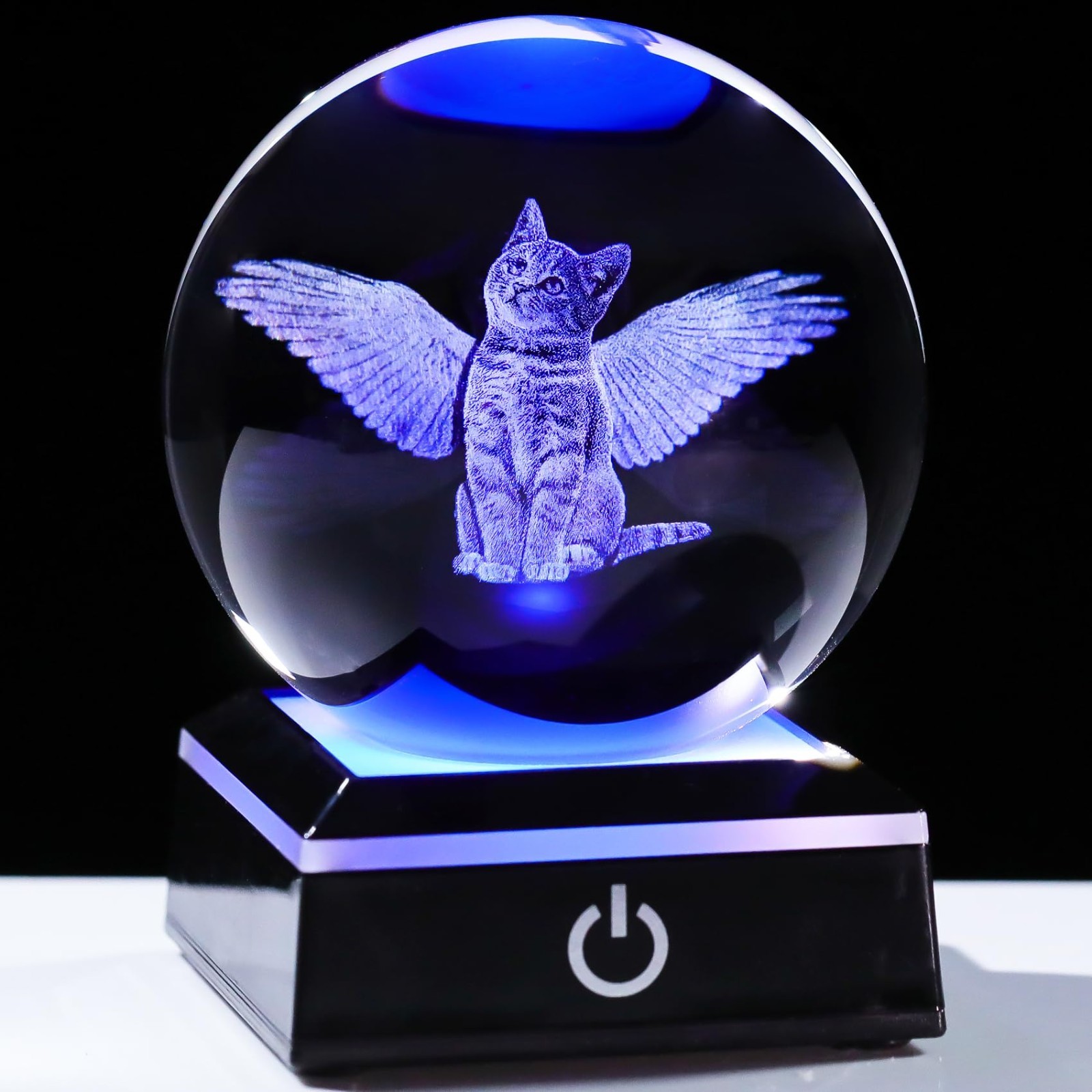 3D Cat Memorial Gift with LED Base – Angel Wing Crystal Ball for Cat Lovers, Sym