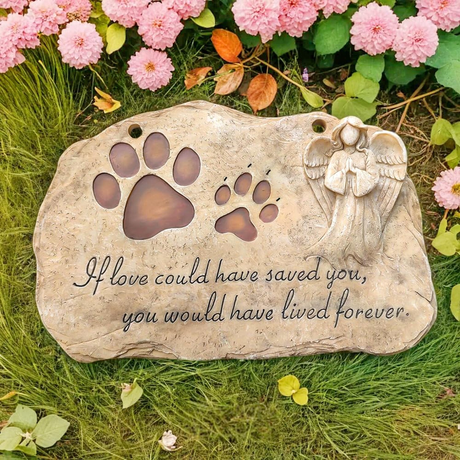 Paw Prints Pet Dog Cat Memorial Stones with Angel Statue Sympathy, 11”L x 7.5”W