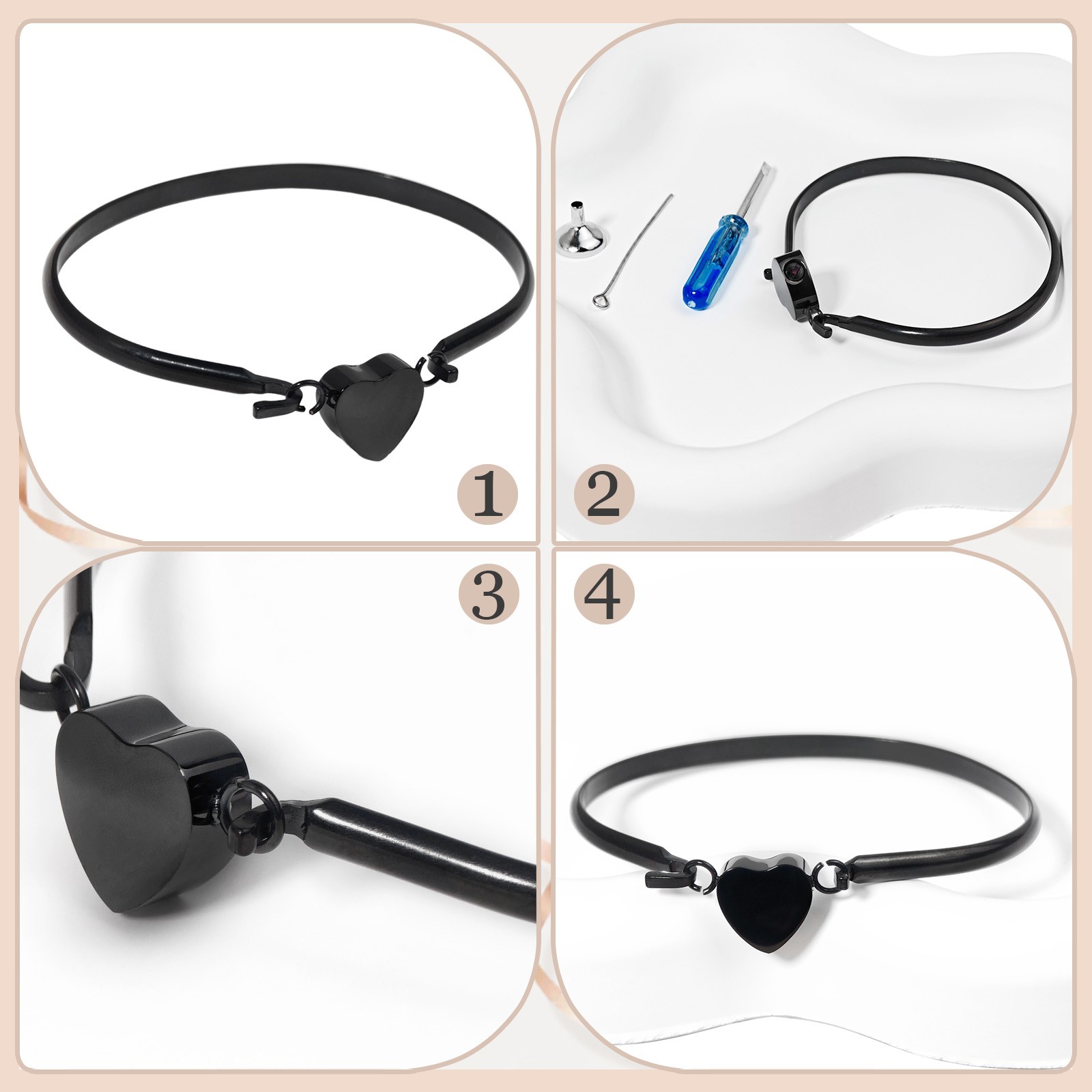 2 Pack Black Heart Urn Bracelet For Cats&Dogs Ashes Stainless Steel Waterproof