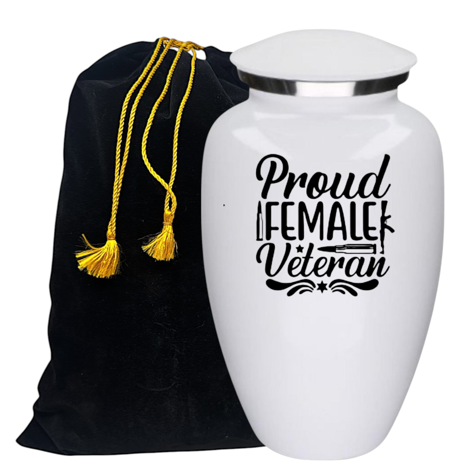 Proud Female Veteran White Metal Adult Cremation Urn 190 Cu In Urn w/ Bag