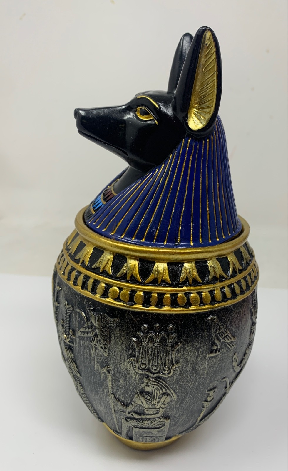 Egyptian Jar 9″ Dark Blue Anubis Memorial Pet Dog Urn Quality Resin–Chip Damage