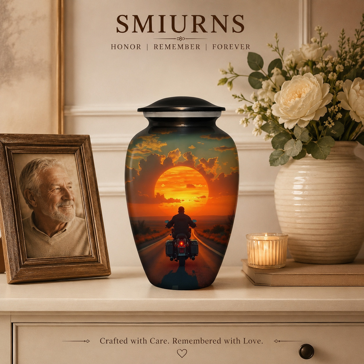 Large Cremation Urn for Human Ashes Adult Motorcycle Rider Sunset 190 Cubic In