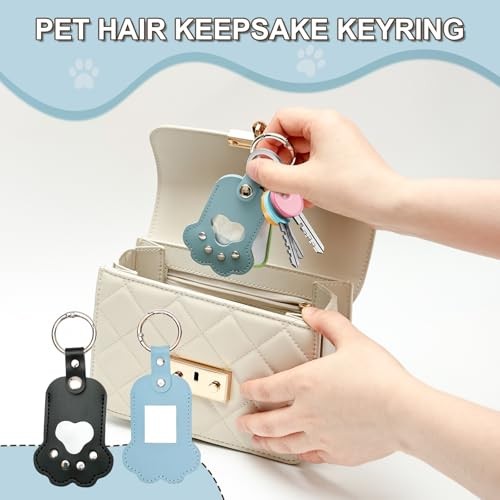 2 Pack Dog Hair Keychain with Photo Window, Pet Paw Shaped Leather BLUE+BLACK
