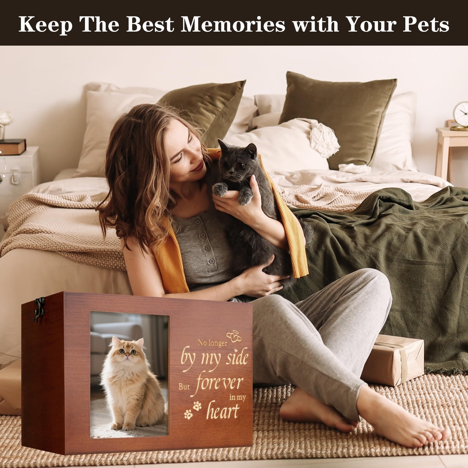 RINVEE Pet Urns for Cats or Dogs Ashes with Photo Frame, Wooden Medium, Brown