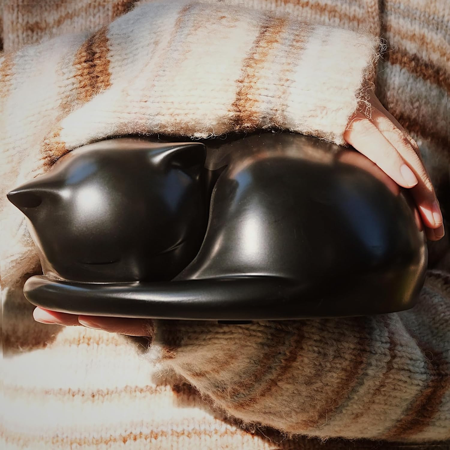 Cat Urn, Black Resin, Sleeping Kitty Pet Memorial Keepsake Funeral Urn for Cats