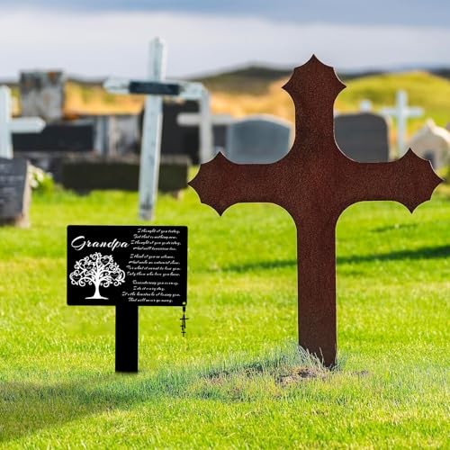 Memorial Metal Grave Marker, Waterproof Cemetery Decorations with Cross Grandpa