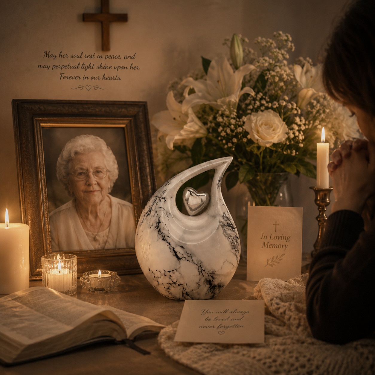 White Black Marble Teardrop Cremation Urn Adult Human Ashes for Male & Female
