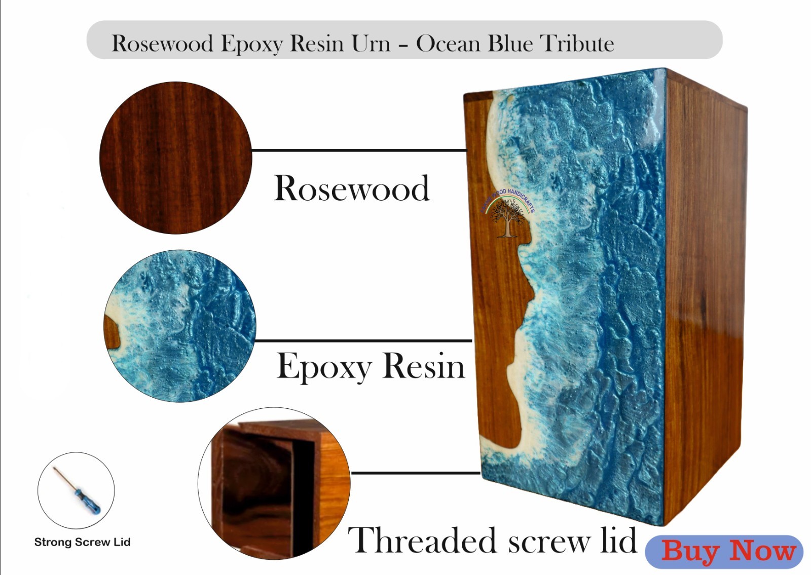 Handcrafted Rosewood Urn with Ocean Blue Epoxy Resin | Wooden Cremation Box