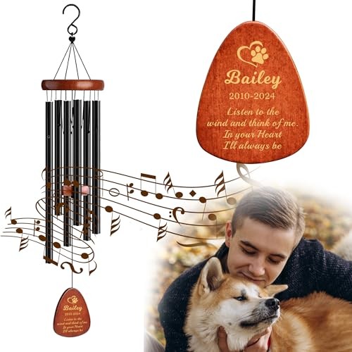 Personalized Dog Memorial Wind Chimes 25.5 Inch Sympathy Gift for Pet Loss Black