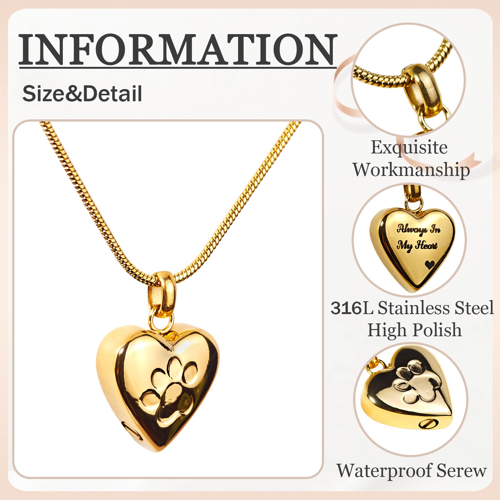 Gold Paw Print Heart Pet Ashes with paw prints Memorial Necklace For Dog & Cat
