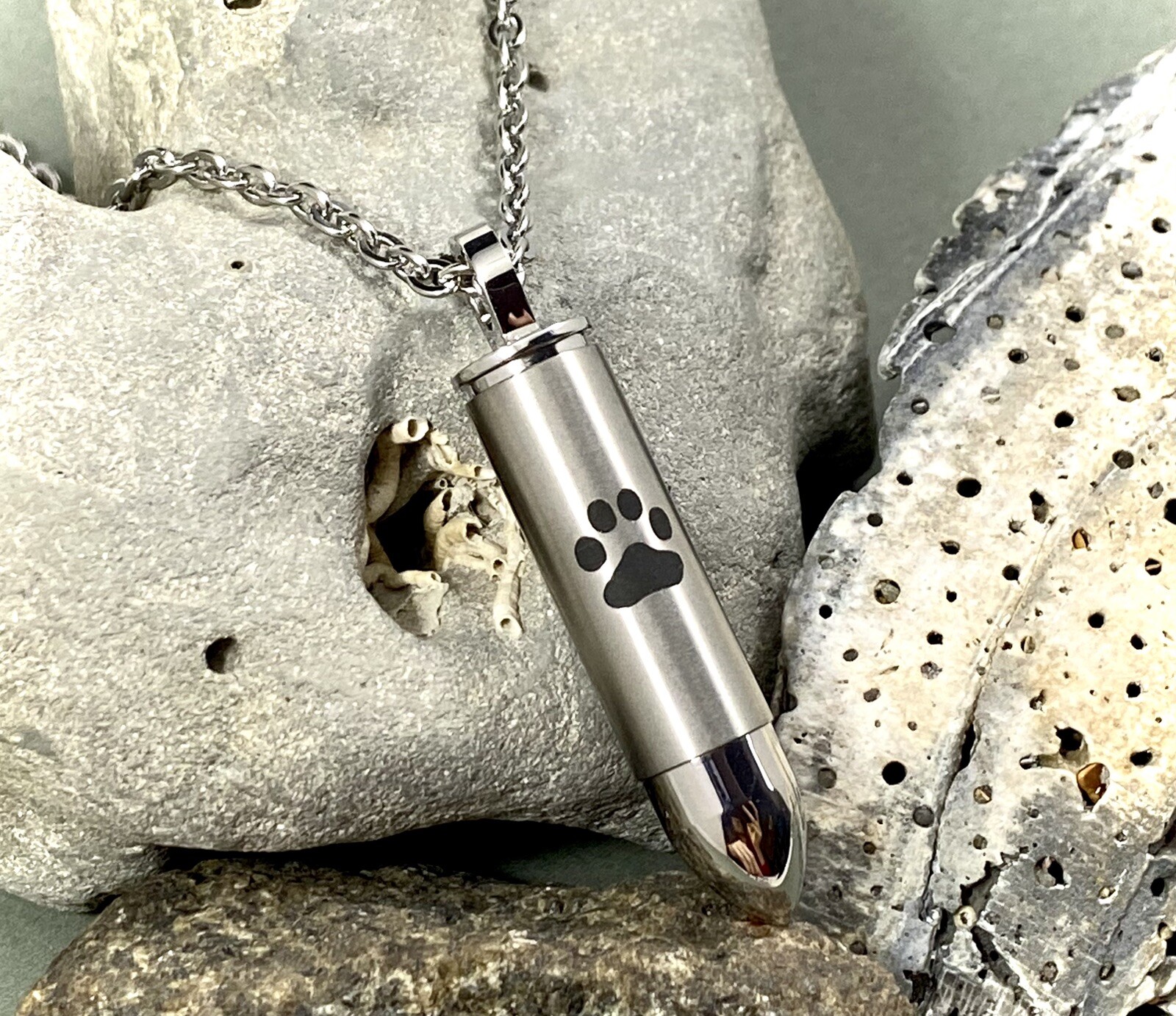Mens Bullet Cremation Necklace Pendant Urn 4 Ashes LARGE VIAL Pet Paw Print Dog