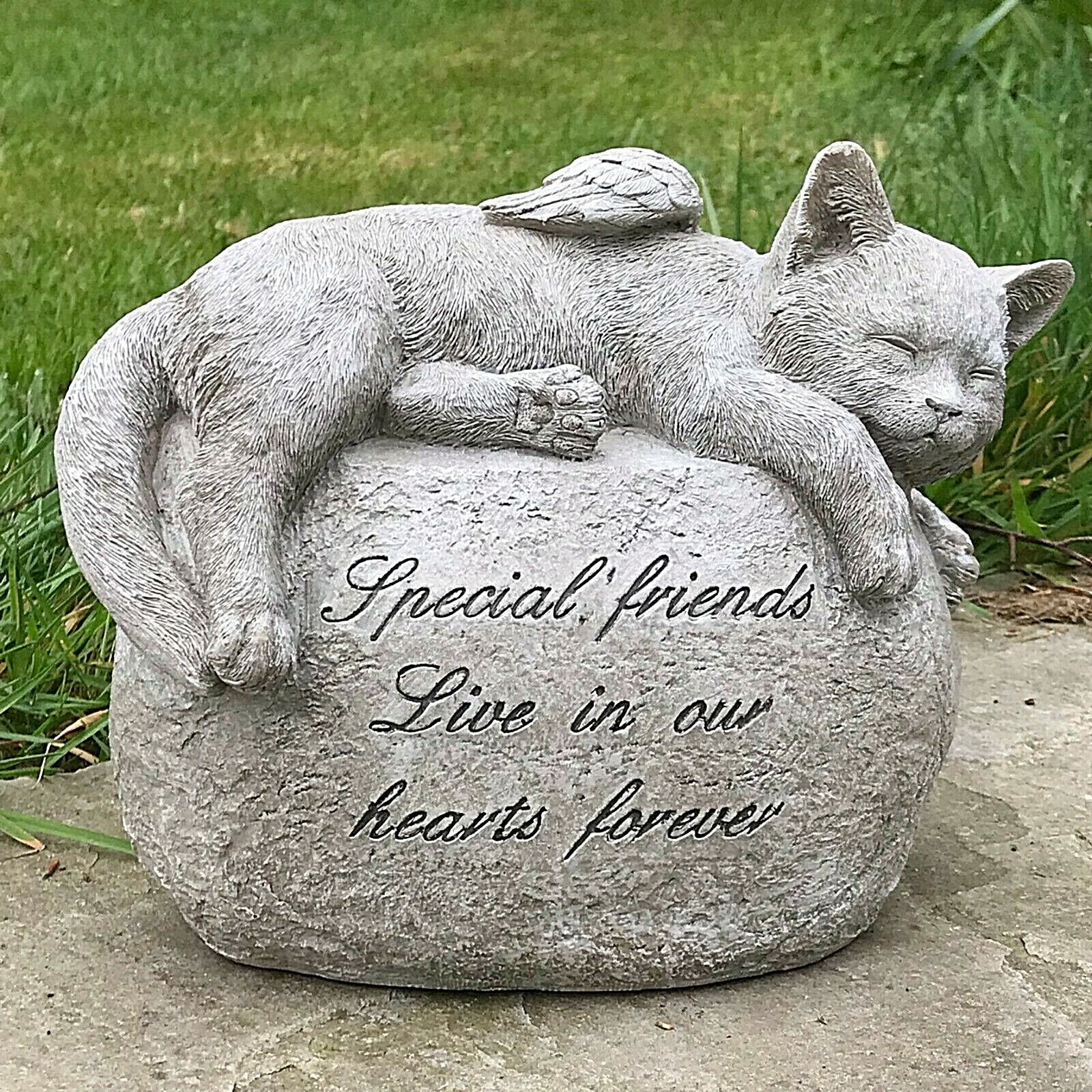 Large Cat with angel wings on stone memorial grave marker ornament pet loss gift
