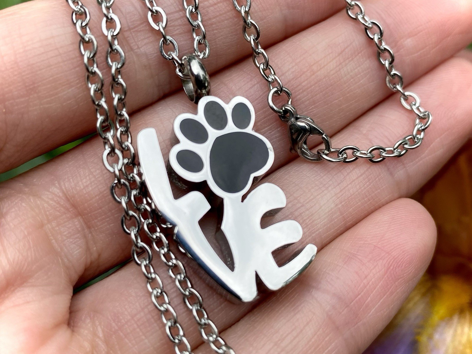 Pet Cremation Pendant Urn Keychain 1″ Key Ring Dog Cat Ashes LOVE Pawprint Word
