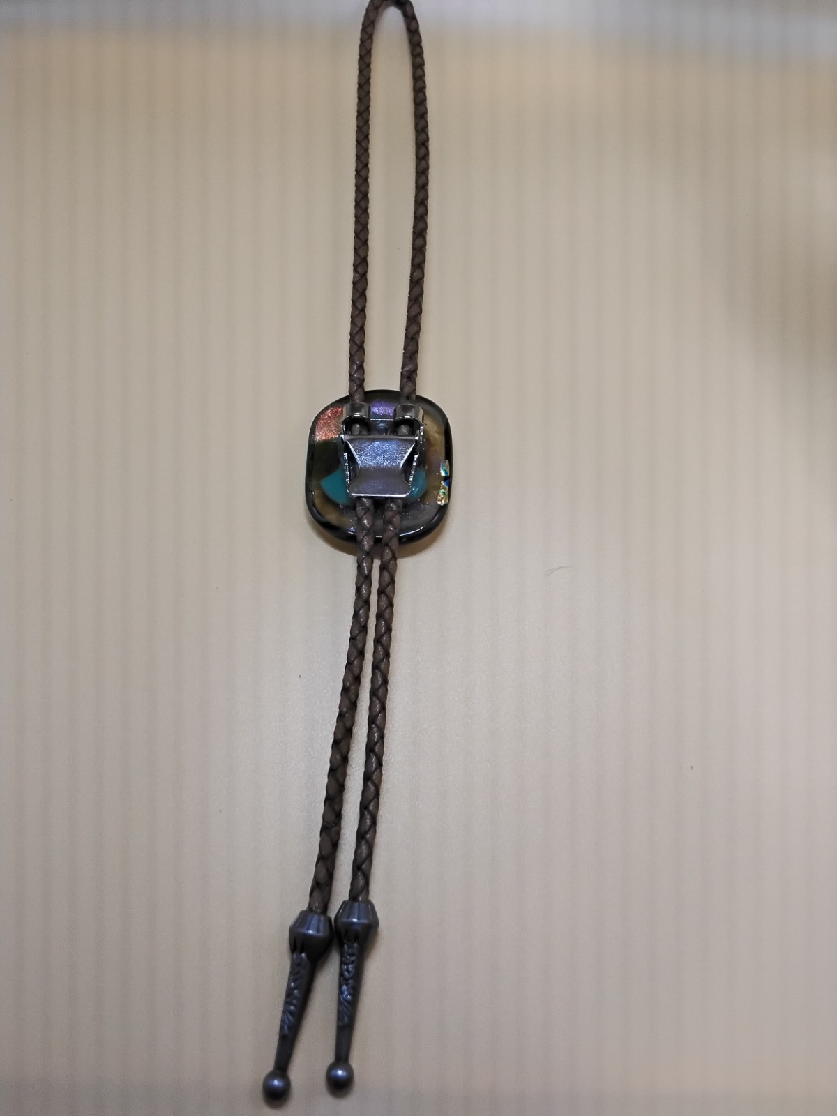 Dichroic Bolo for Pet Cremation Urn | Memorial Bolo | Tan Genuine Leather