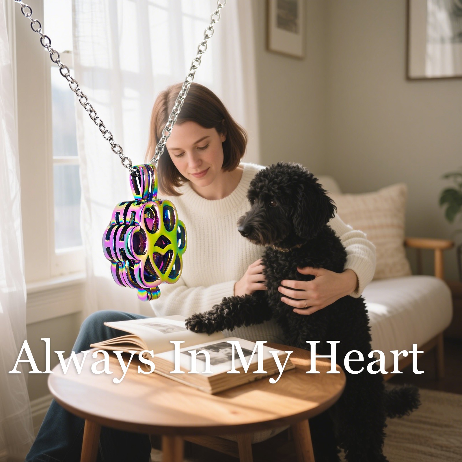 Rainbow Paw Print Heart Pet Ashes Memorial Necklace with Inner Box For Dog&Cat