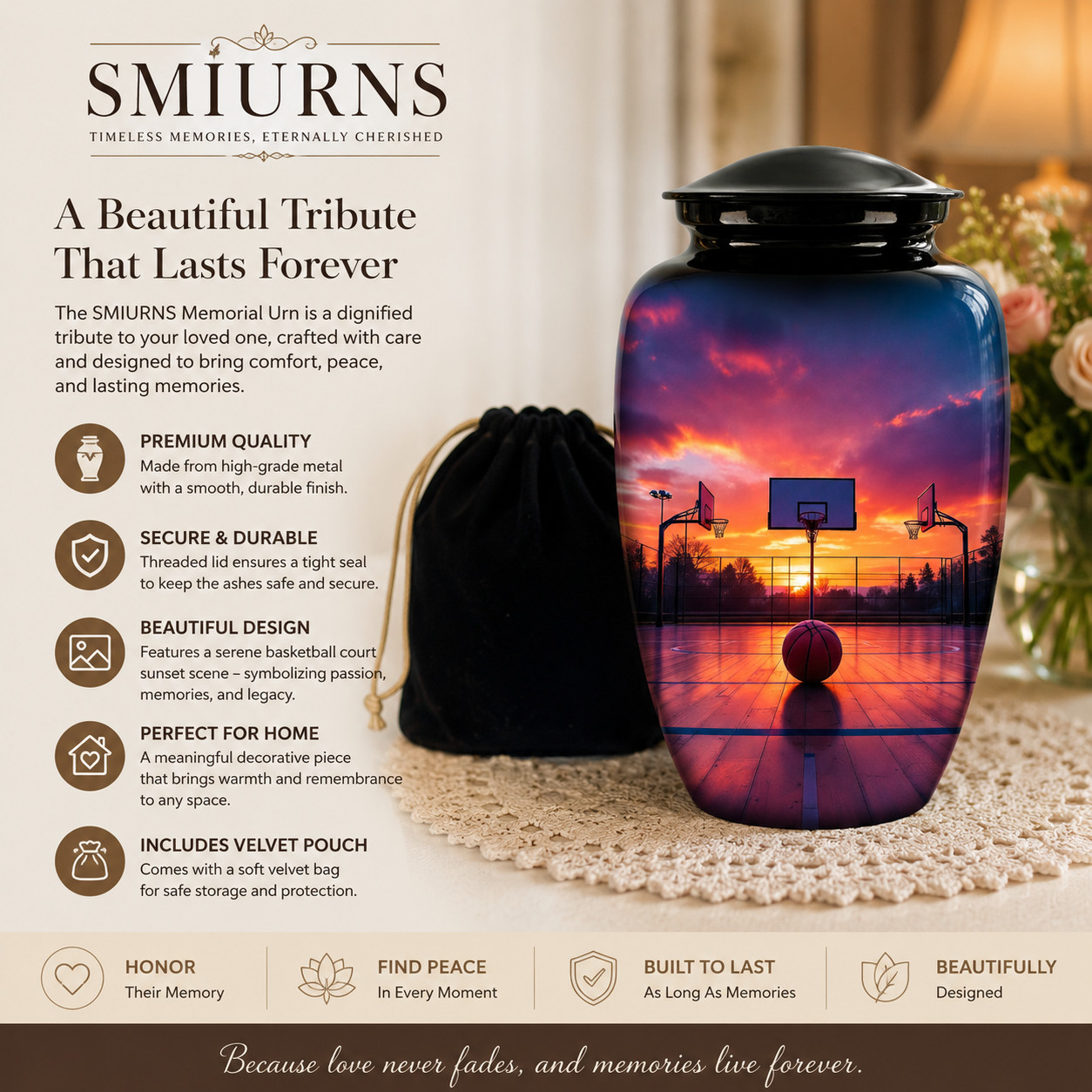 Large Black Basketball Cremation Urn Human Ashes for Your Love Ones Earns w/Bag