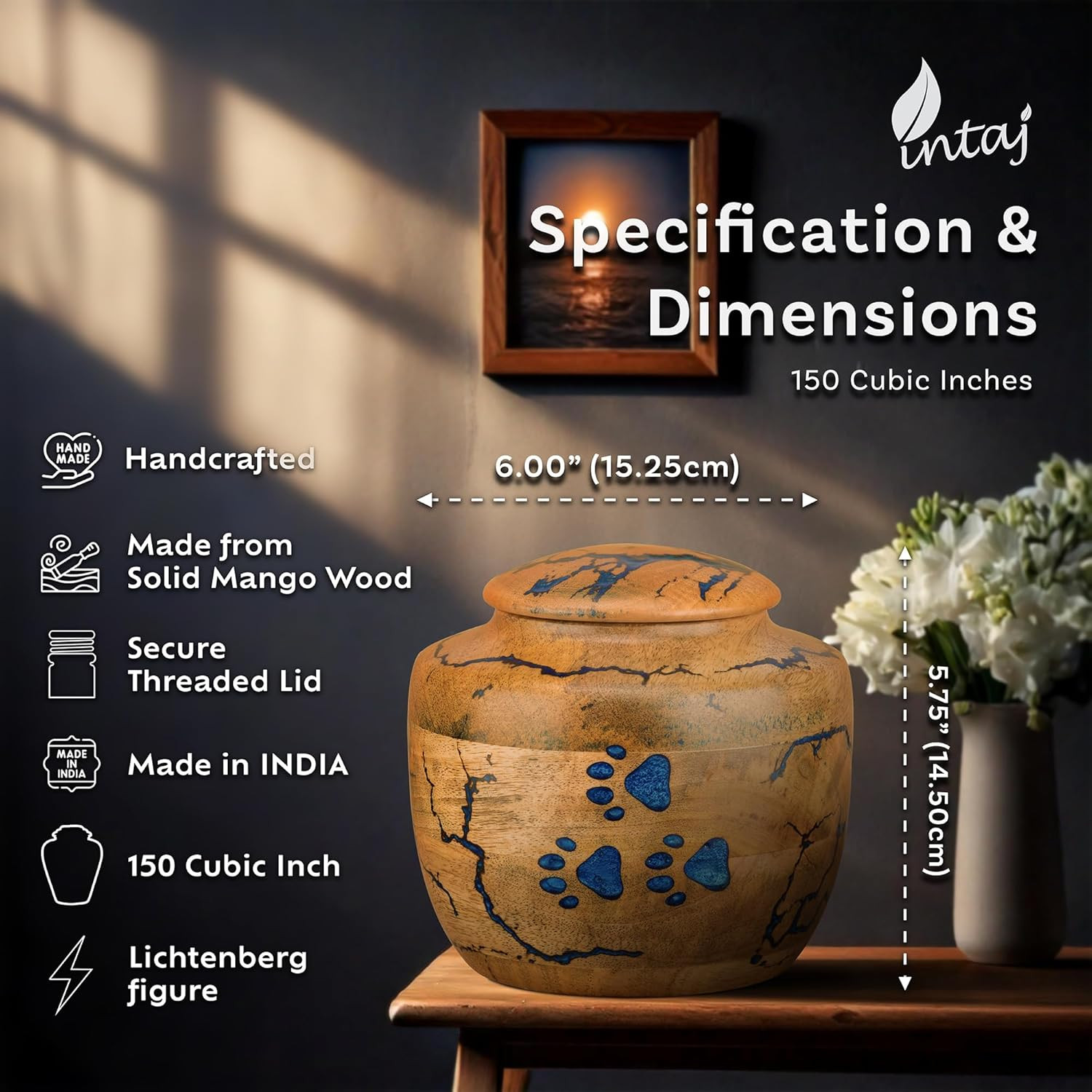Elegant Wooden Pet Urn with Blue Resin Paws – Medium Size Memorial Box