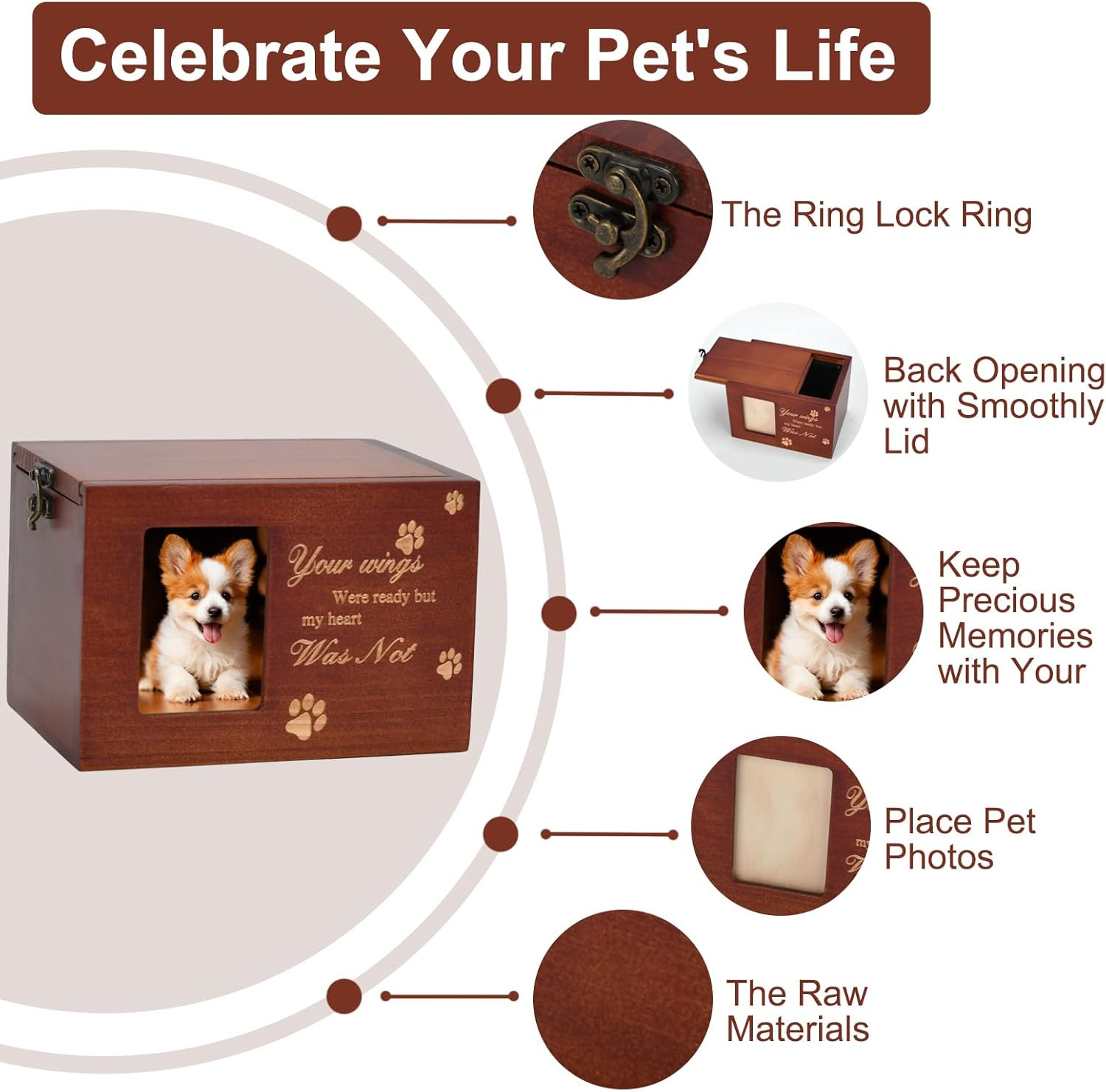 Pet Memorial Urns for Dog or Cat Ashes, Large Wooden Funeral Cremation Urns