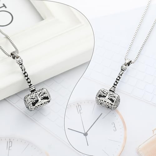 Viking Thor Hammer Cremation Jewelry for Ashes Tree of Life Hammer Silver