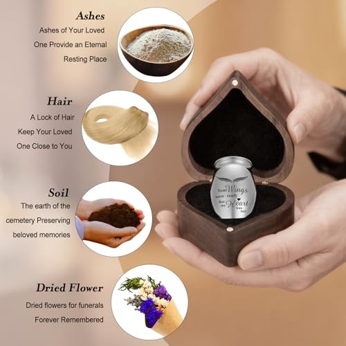 Angel Wing Small Urns for Human Ashes Heart Shaped Wooden Wings(1.57″)