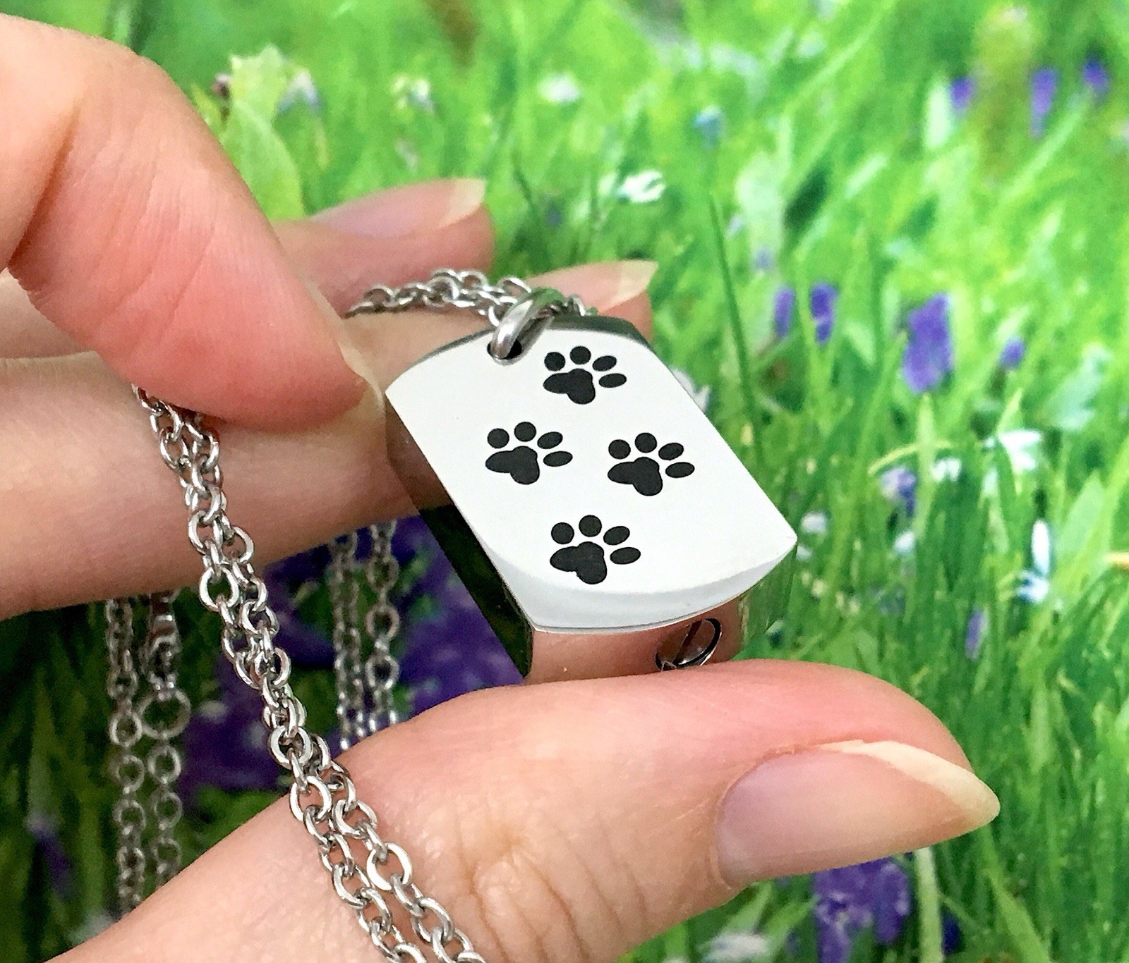 Man’s Pet Cremation Necklace Jewelry Pendant Urn 4 Ash Paw Print Dog Tag Cat Men