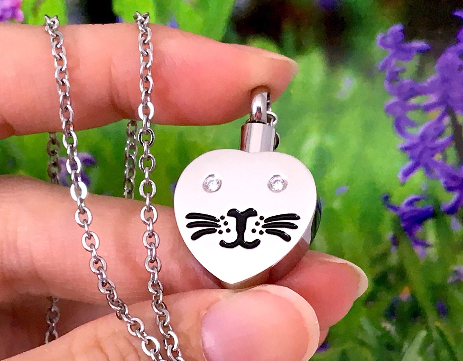 Cat Face Cremation Necklace Jewelry Pendant Urn Holds Ashes Kitty Crystal Eyes