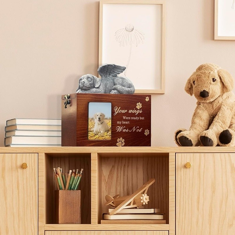 Wooden Pet Ashes Urn Memorial Keepsake Box W/ Photo Frame Beloved Dogs New