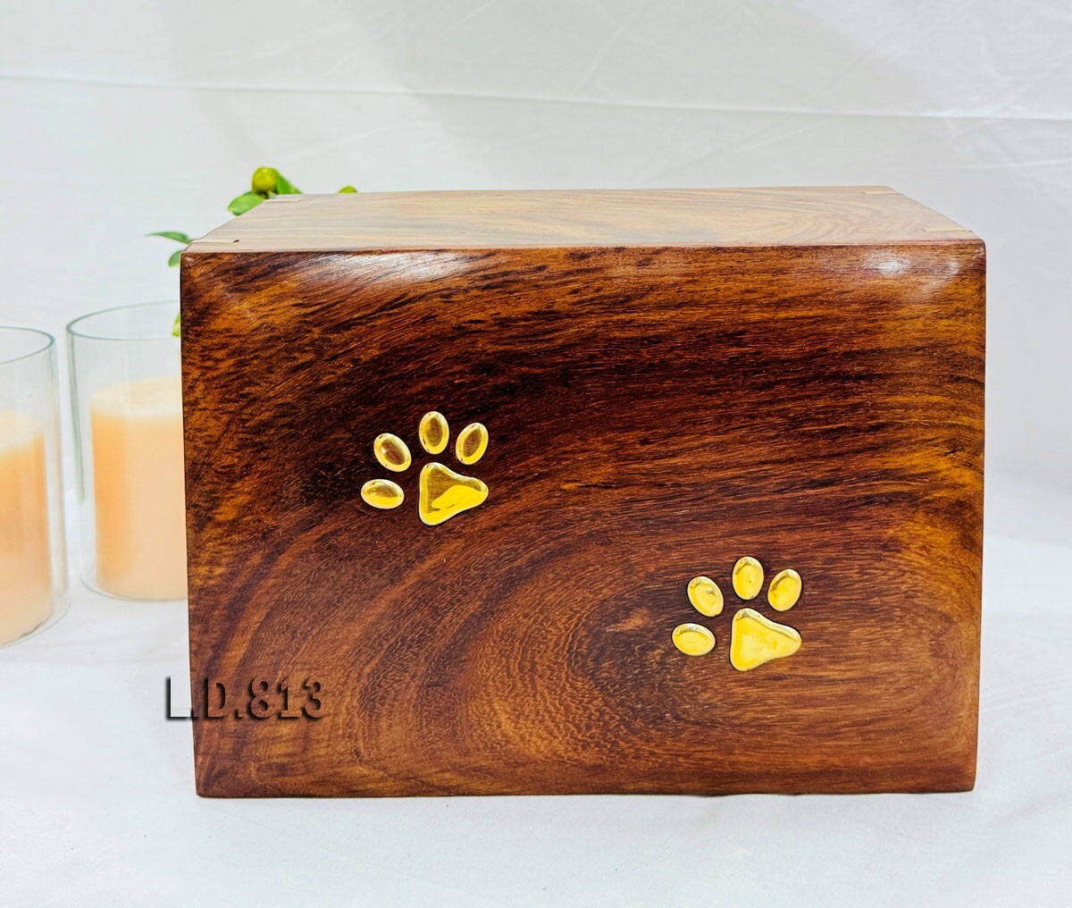 Natural Rosewood Urn for Pet Ashes, Dogs or Cats, with 2 Brass footprints,