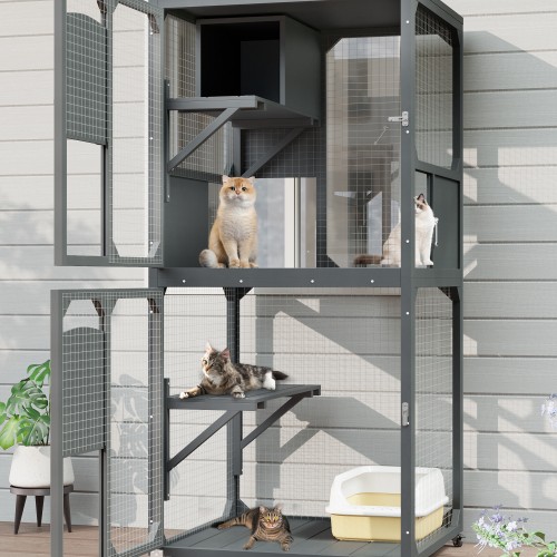 Catio Window Cat Enclosure, 4-Tier House w/ Wheels & Roof, Gray