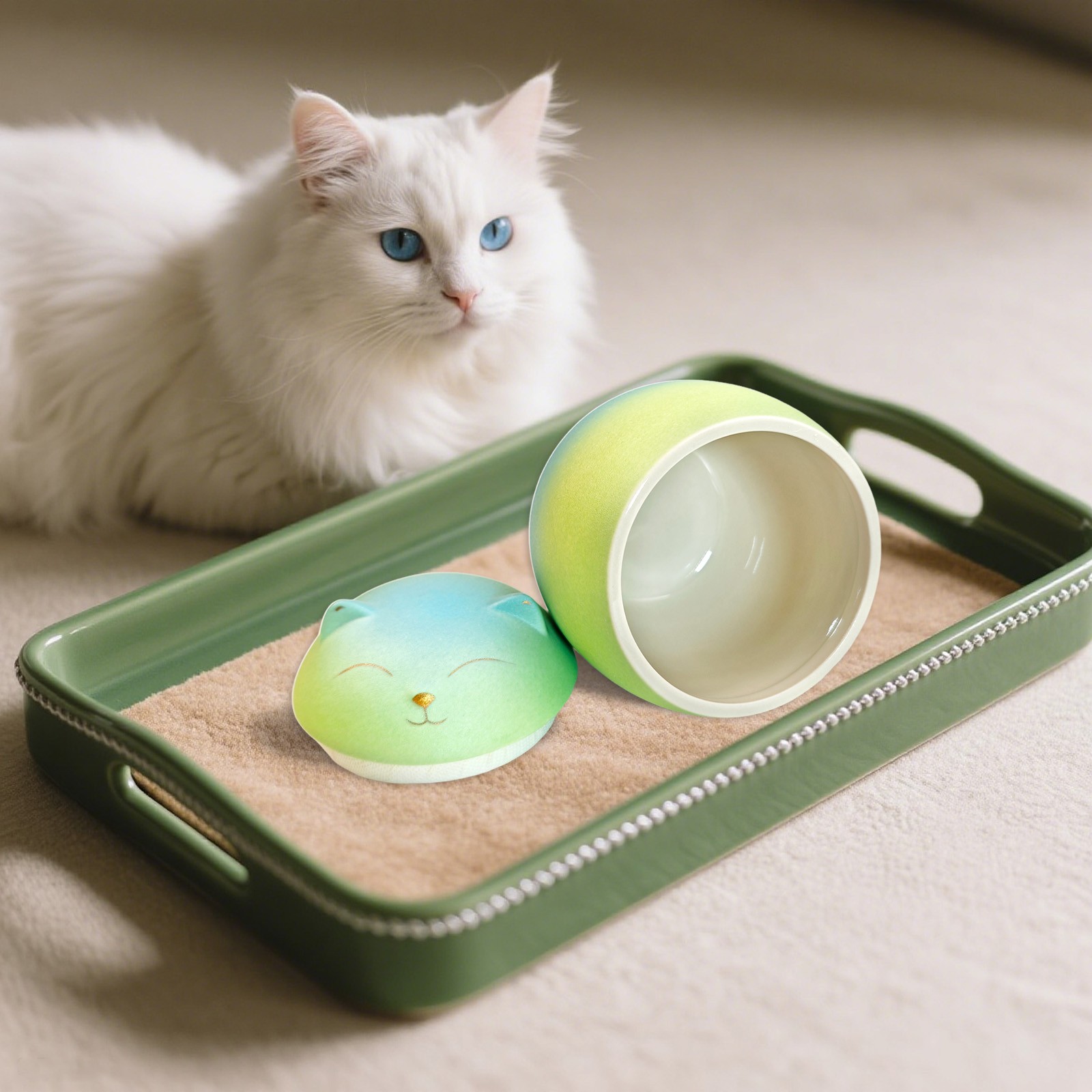 Blue-Green Gradient L Smiley Cat Shaped Pet Urn For Small Dog And Cat Ashes