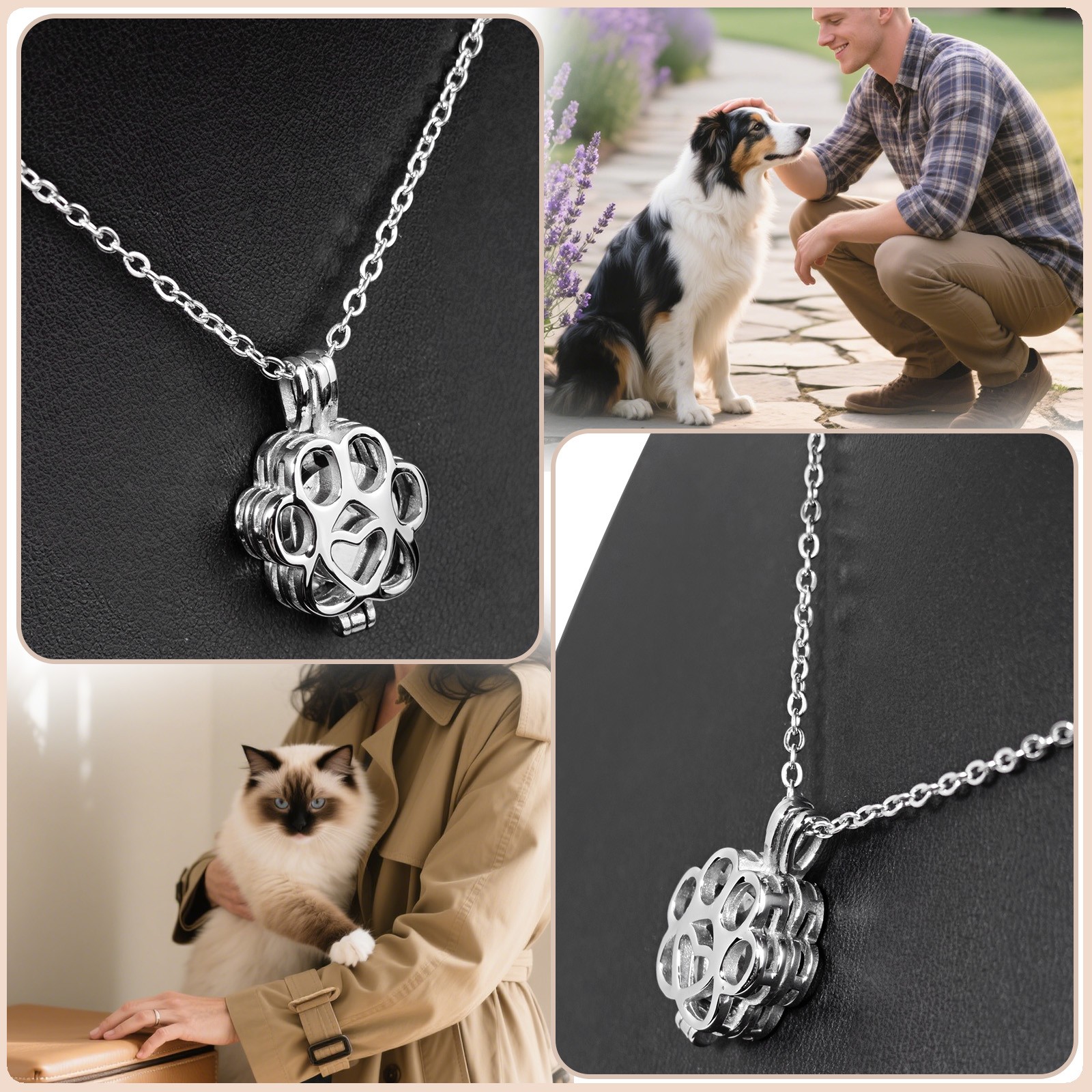 Silver Paw Print Heart Pet Ashes Memorial Necklace with Inner Box For Dog&Cat