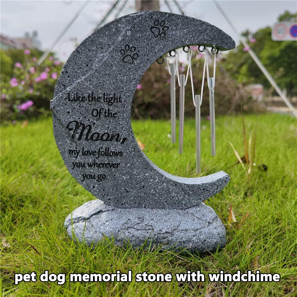 Moon Shaped Pet Memorial Stones for Dogs with Wind Chimes, Paw Prints Headsto…