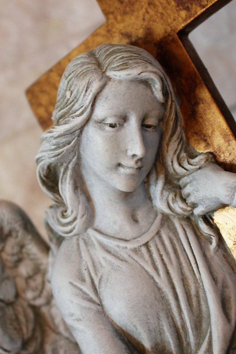 Memorial Statue Angel and Cross Comforting mourning angel Durable resin 13 in