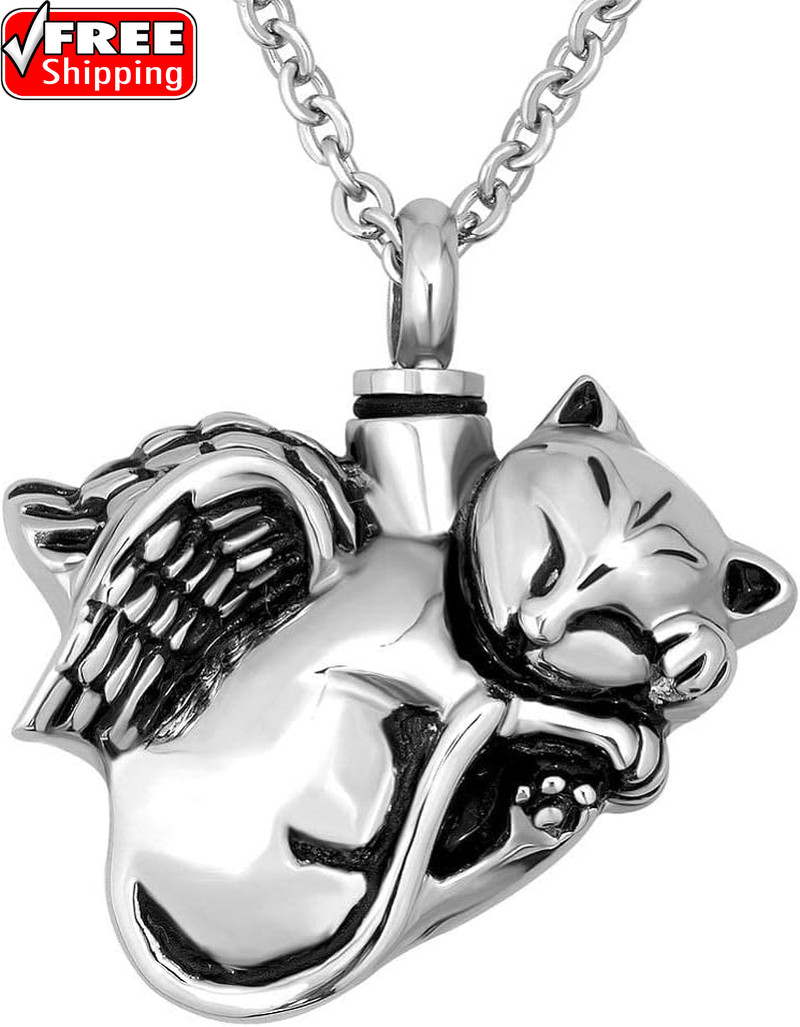 Cute Angel Cat Pet Urn Necklace for Ashes Cremation Jewelry Memorial Animal Stai
