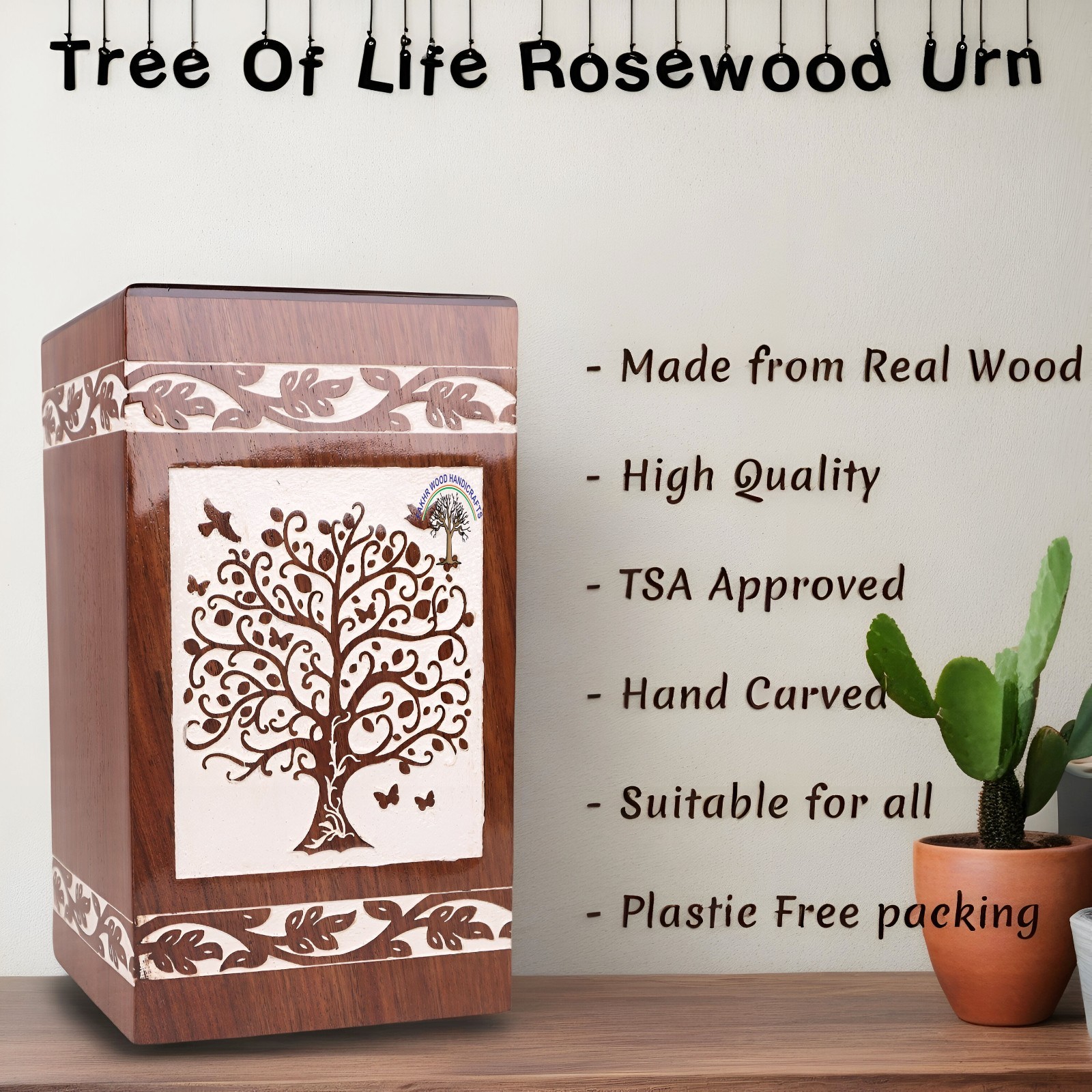 Handcrafted Large Wooden Cremation Urn for Adult Human Ashes – Tree of Life