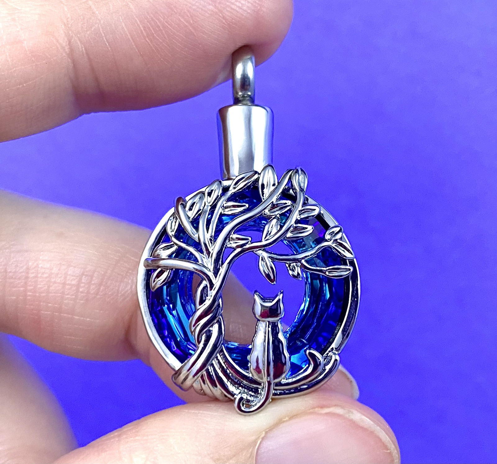 Cat Tree Cremation Pendant Urn Keychain 1″ Key Ring for Ash Kitty Blue Purple