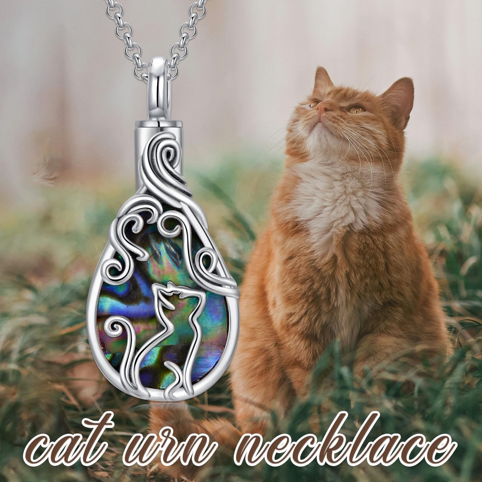 Pelovny Cat Ashes Necklace 925 Sterling Silver Teardrop Abalone Pet Urn