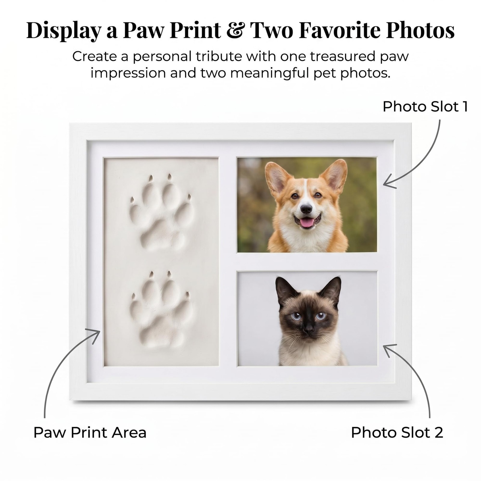 Pet Paw Print Picture Frame,White Wood Dog and Cat Keepsake Frame with 2 Phot…