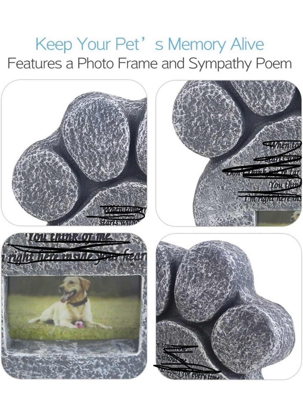 Paw Print Memorial Stone Marker Plaque W/ Sympathy Poem, 3”x2” Picture Slot NEW